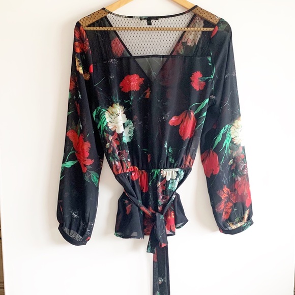 Express shirt black sheer flowered tie back blouse - Picture 2 of 6